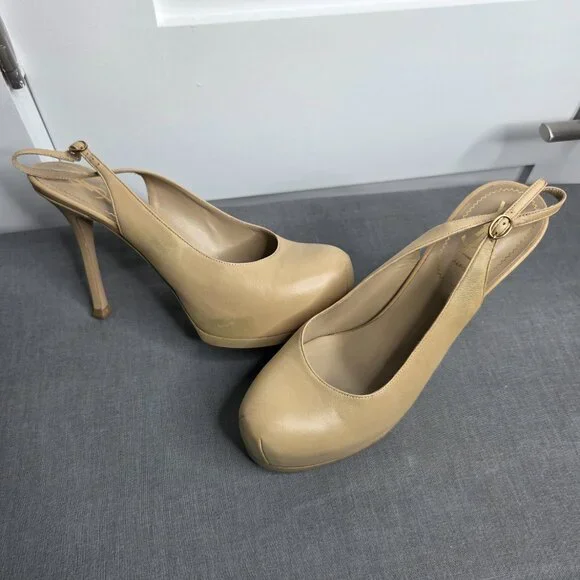 YSL Yves Saint Laurent Beige Leather Tribtoo 80 Slingback Heels EU 39 with COA